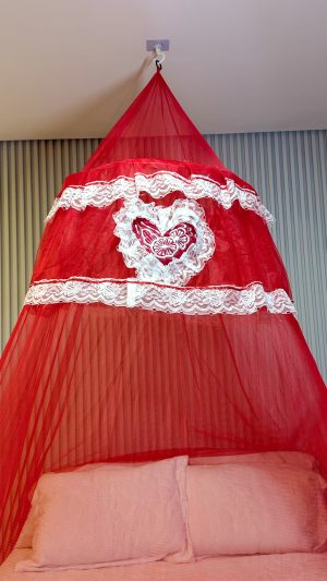 Mosquiteiro enfeitado de coração bordado de Teto com elástico Renda–volta ao mundo para cama casal box Queen King e solt