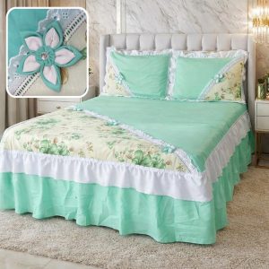 Jogo de Colcha canto flor casal Box com babado de Oxford 3 peças com aplique de flor