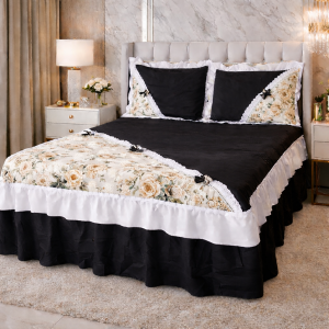 Jogo de Colcha canto flor casal Box com babado de Oxford 3 peças com aplique de flor